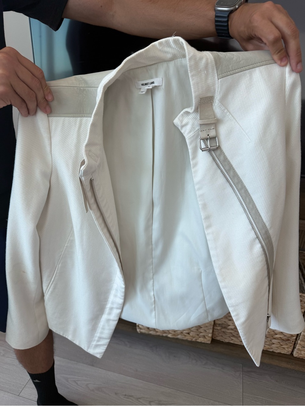 Helmut Lang Off-White Moto Blazer with Zip and Buckle
